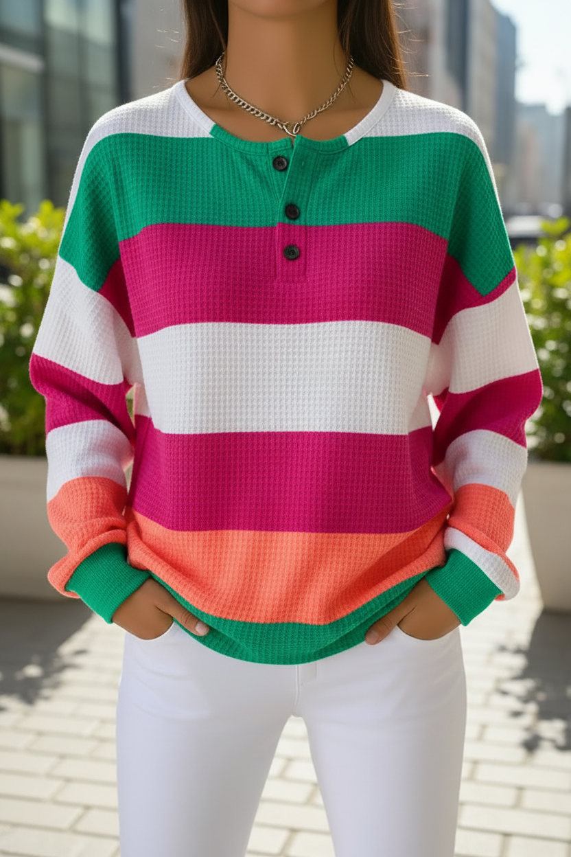 Color Block Striped Waffle Knit Henley Sweatshirt