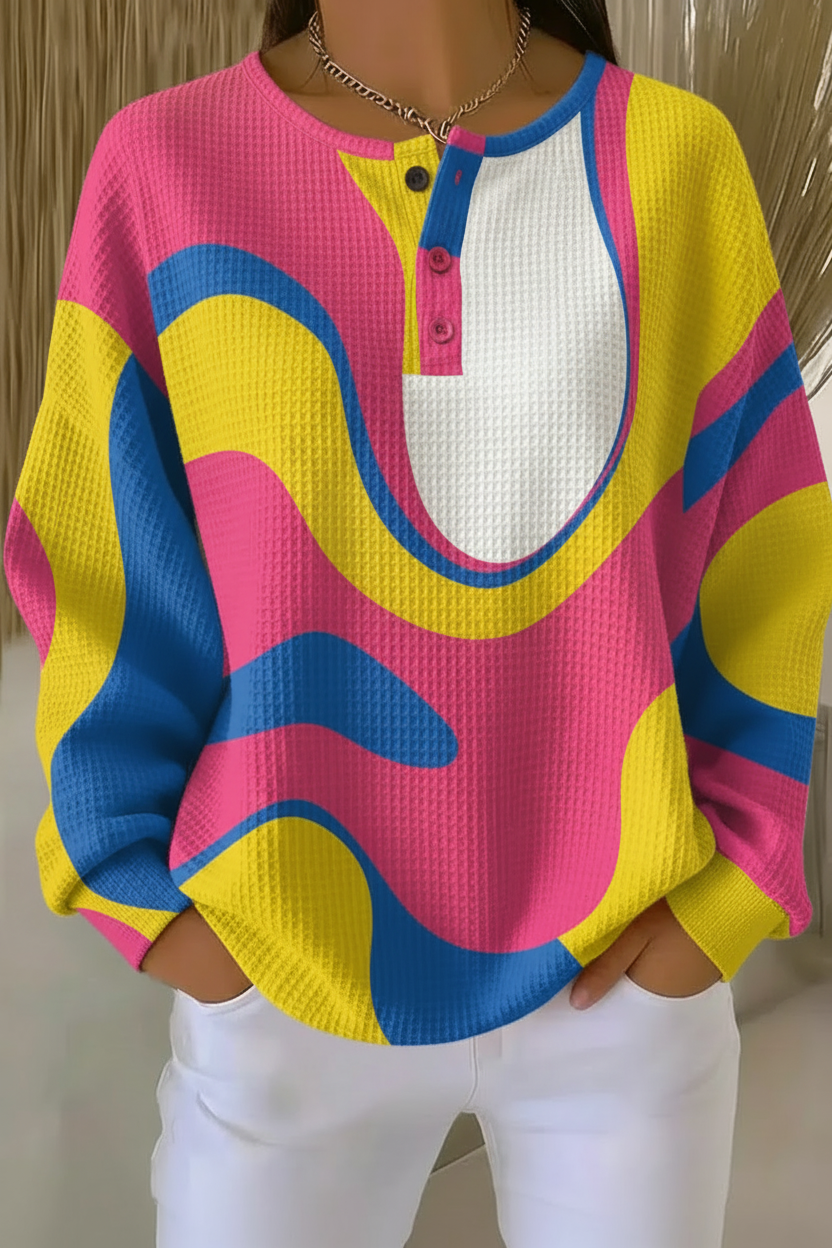 Abstract Swirl Print Waffle Knit Henley Long Sleeve Sweatshirt