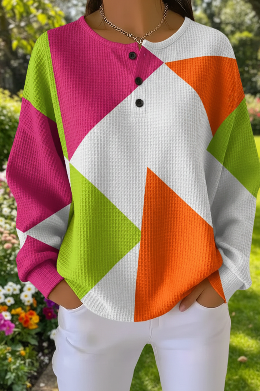 Geometric Colorblock Waffle Knit Henley Long Sleeve Top