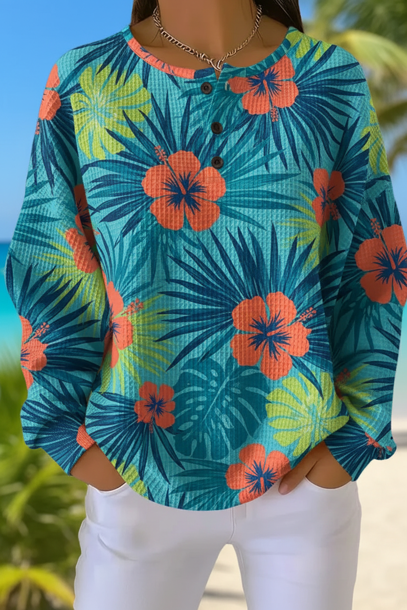 Tropical Hibiscus Print Waffle Knit Henley Long Sleeve Top