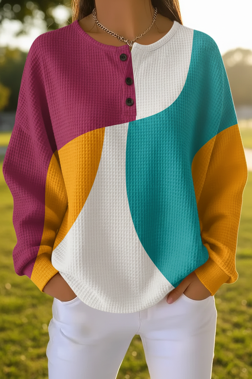 Color Block Crew Neck Button Waffle Knit Long Sleeve Top