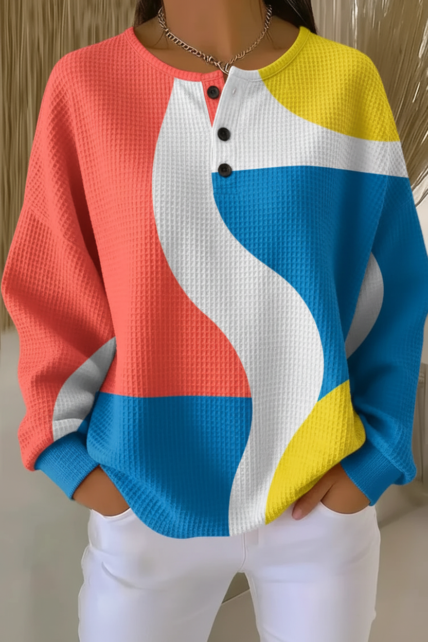 Colorblock Waffle Knit Henley Long Sleeve Sweatshirt