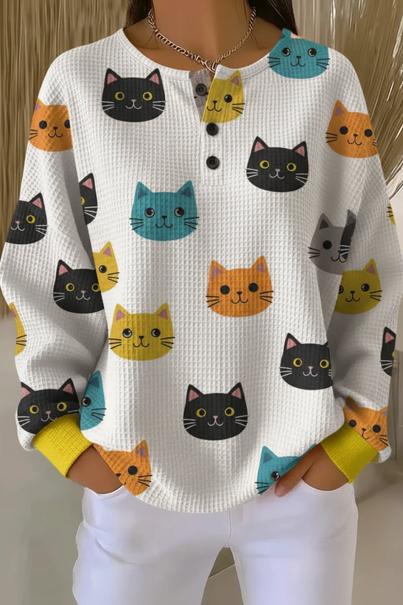 Cartoon Cat Print Waffle Knit Button Neck Sweatshirt