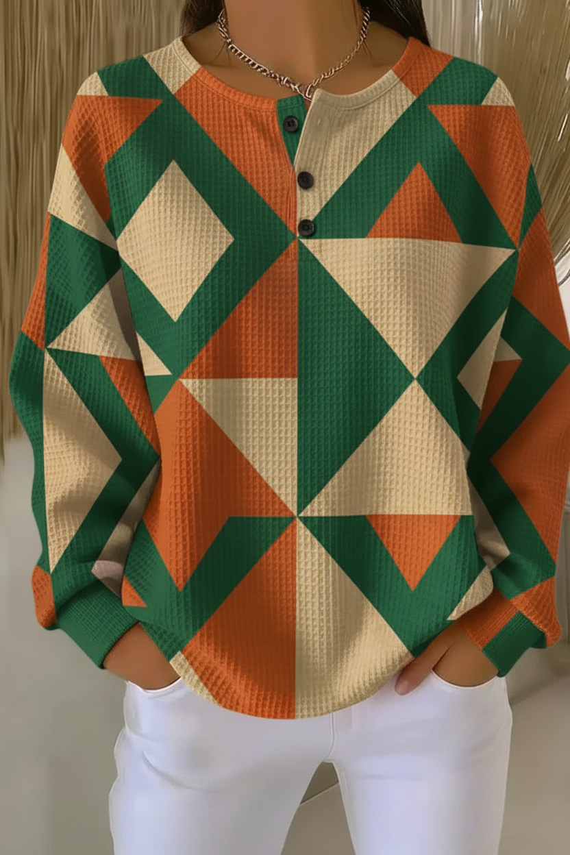 Geometric Print Waffle Knit Button Neck Long Sleeve Sweatshirt