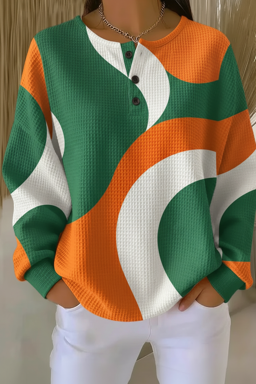 Abstract Swirl Print Waffle Knit Henley Sweatshirt