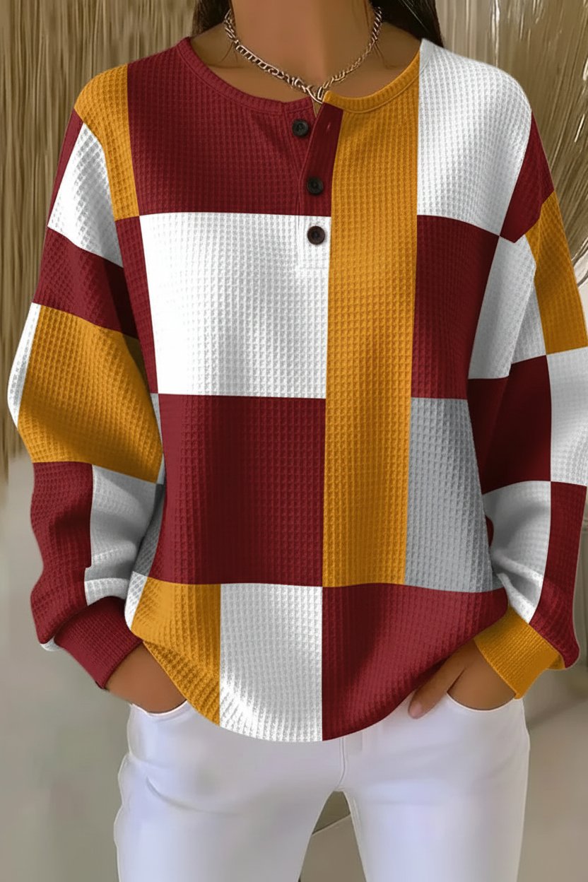Colorblock Check Waffle Knit Button Placket Sweatshirt