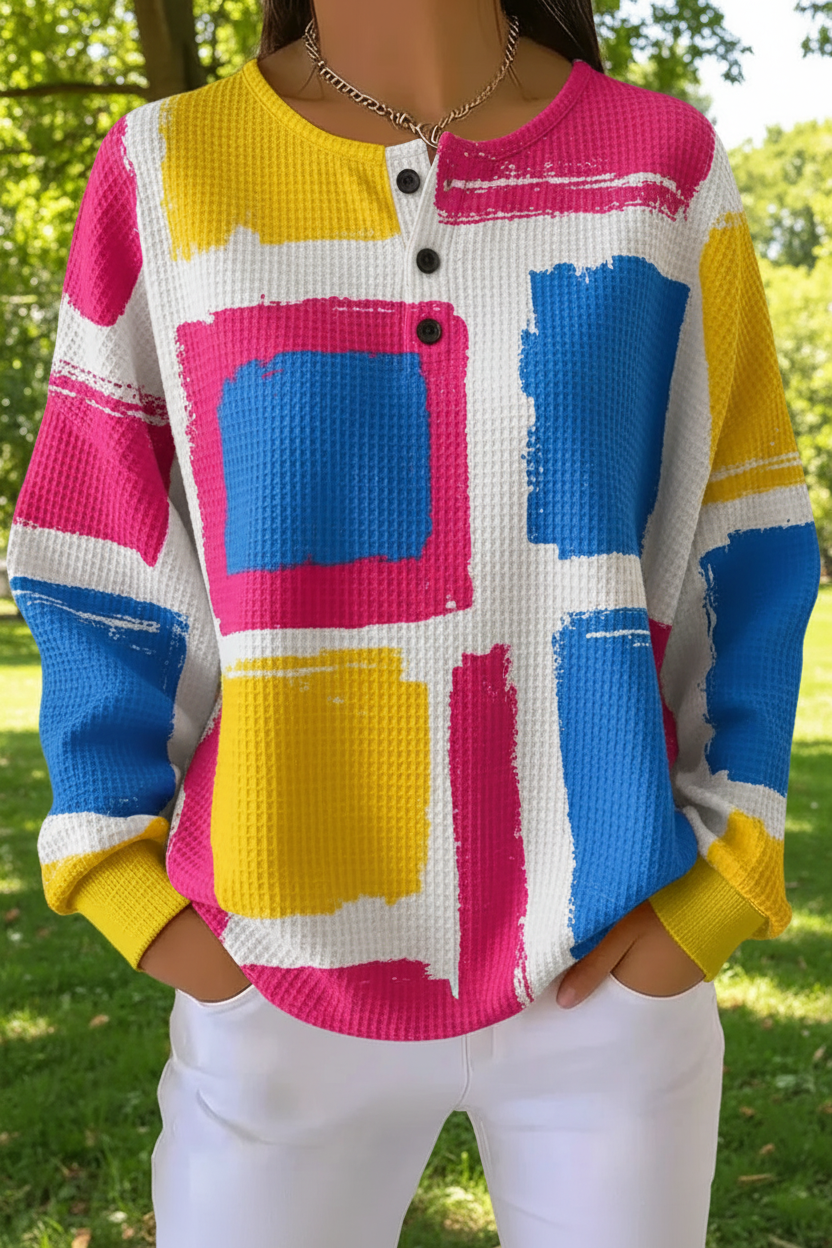 Abstract Paint Print Waffle Knit Henley Long Sleeve Top