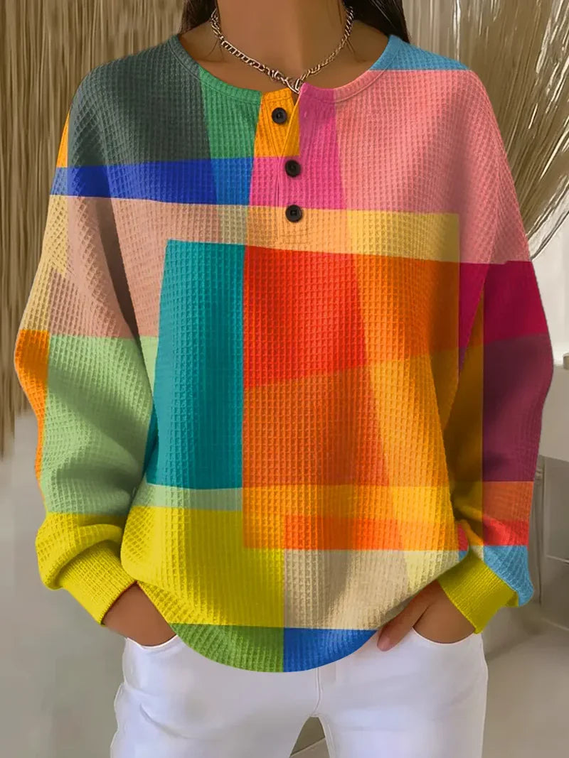 Geometric Colorblock Print Waffle Knit Henley Long Sleeve Top