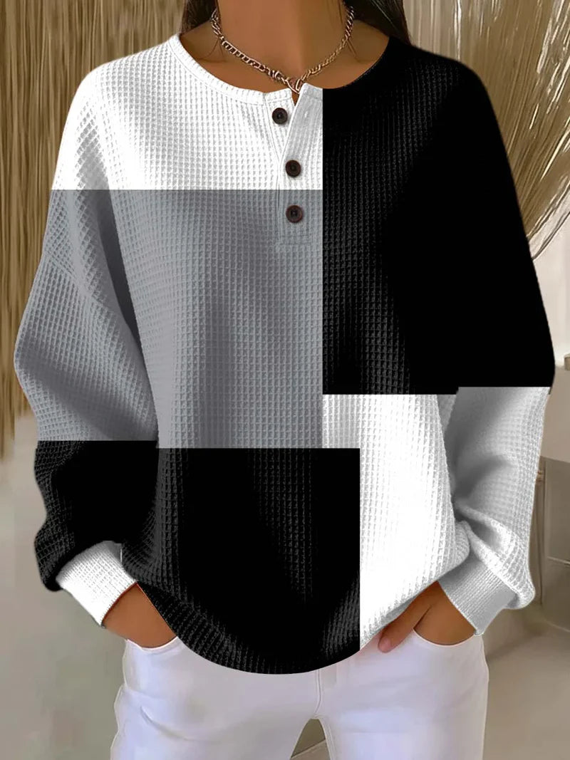 Crew Neck Button Placket Geometric Colorblock Waffle Knit Sweatshirt