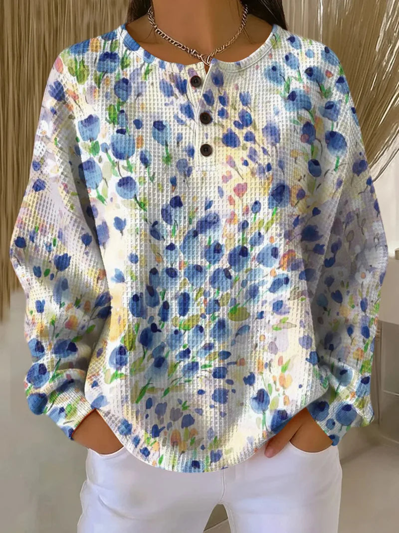 Floral Print Waffle Knit Henley Long Sleeve Top
