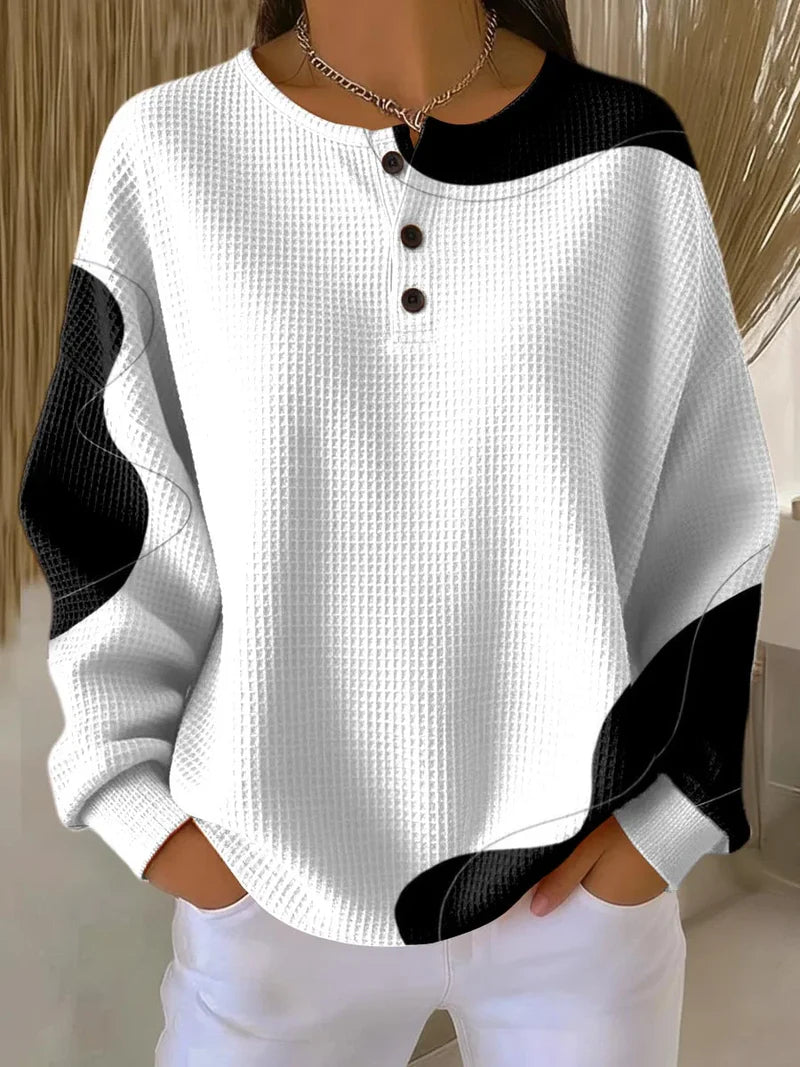Round Neck Long Sleeve Button Waffle Knit Color Block Top