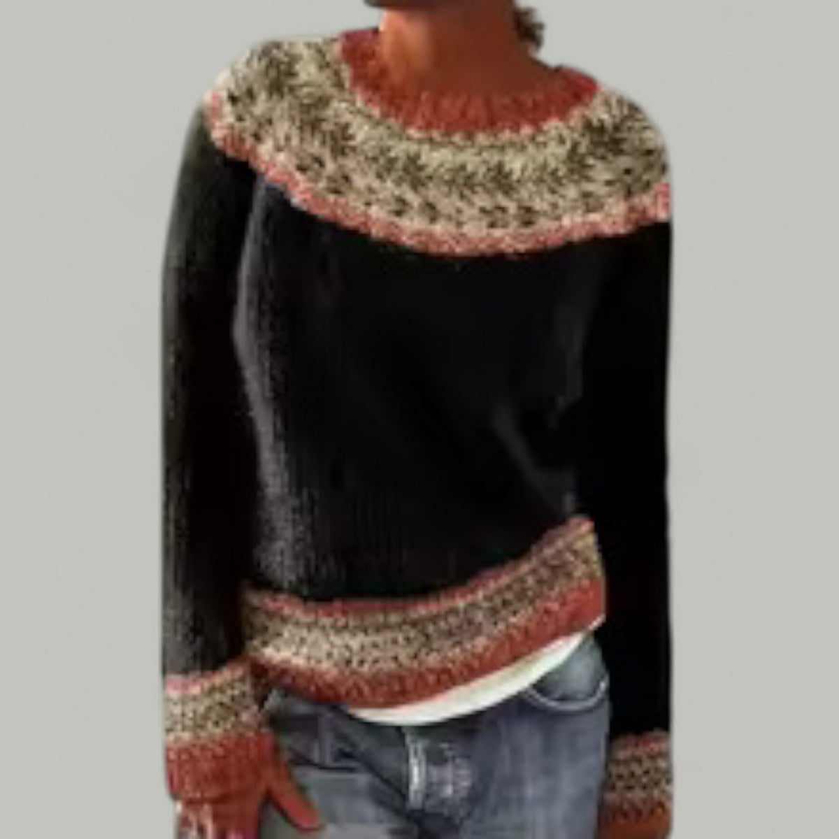 Crew Neck Long Sleeve Contrast Trim Knit Sweater