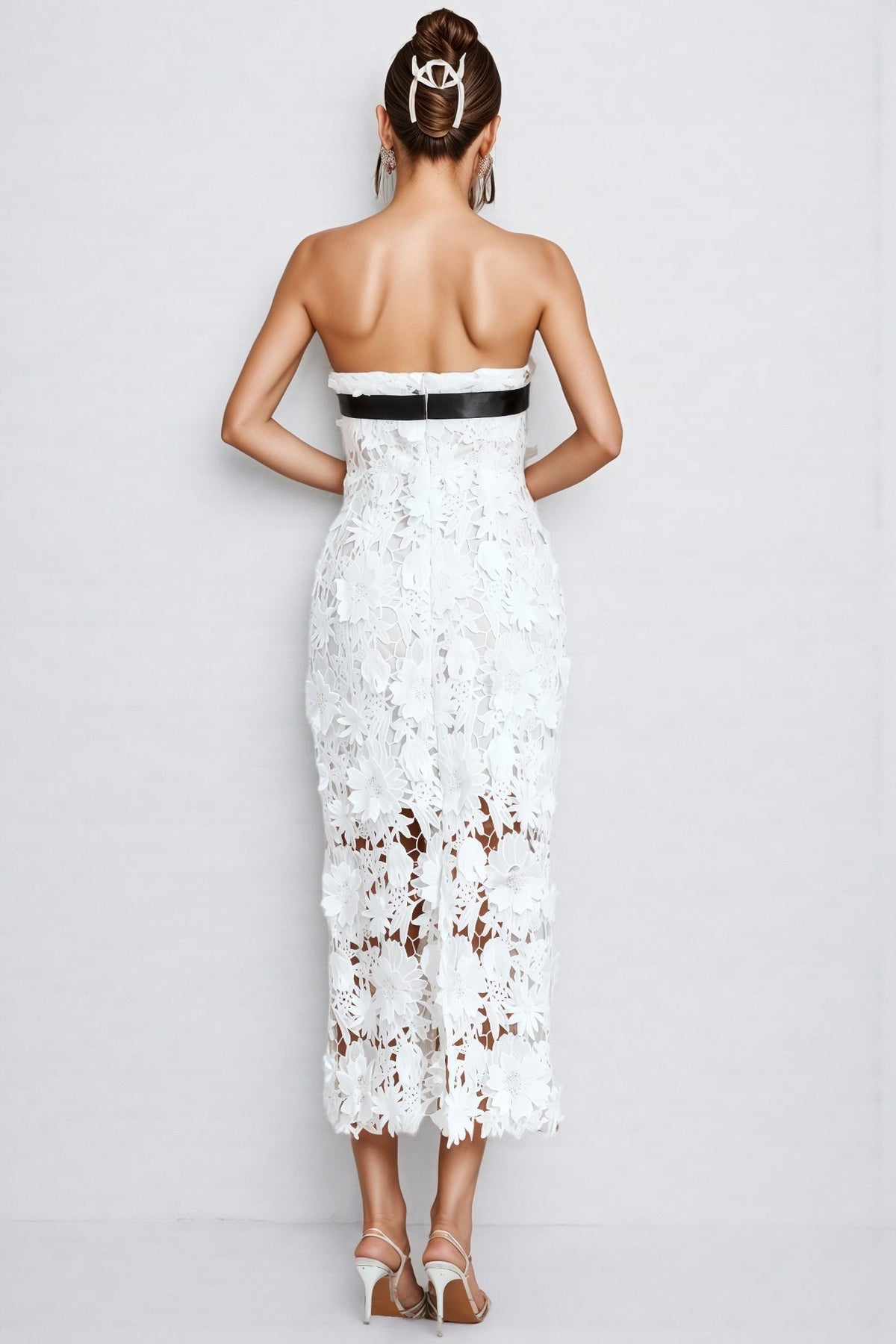 Floral Lace Strapless Sheer Bodycon Midi Dress - View 7