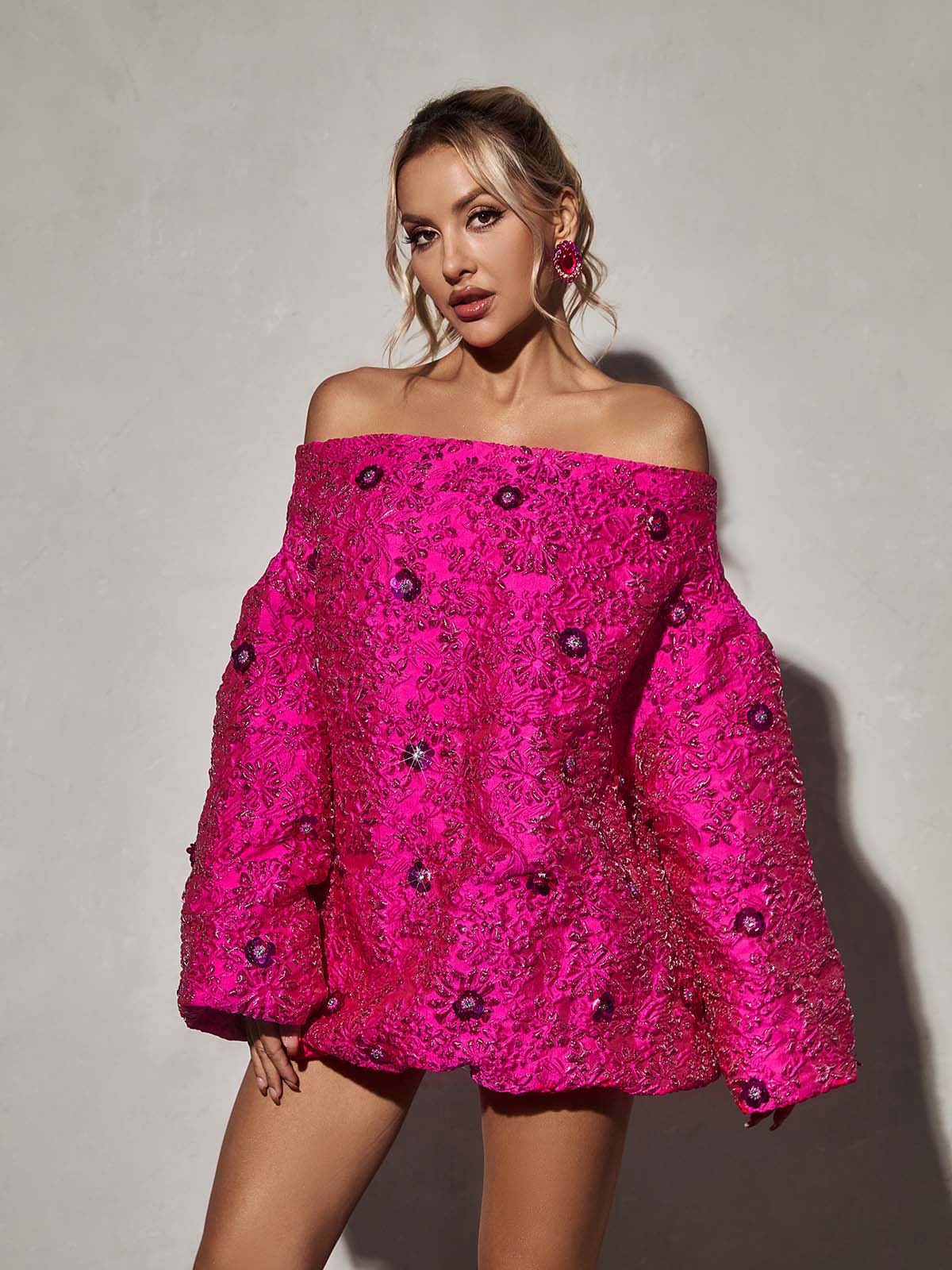 Ravina Long Sleeve Jacquard Mini Dress - View 2