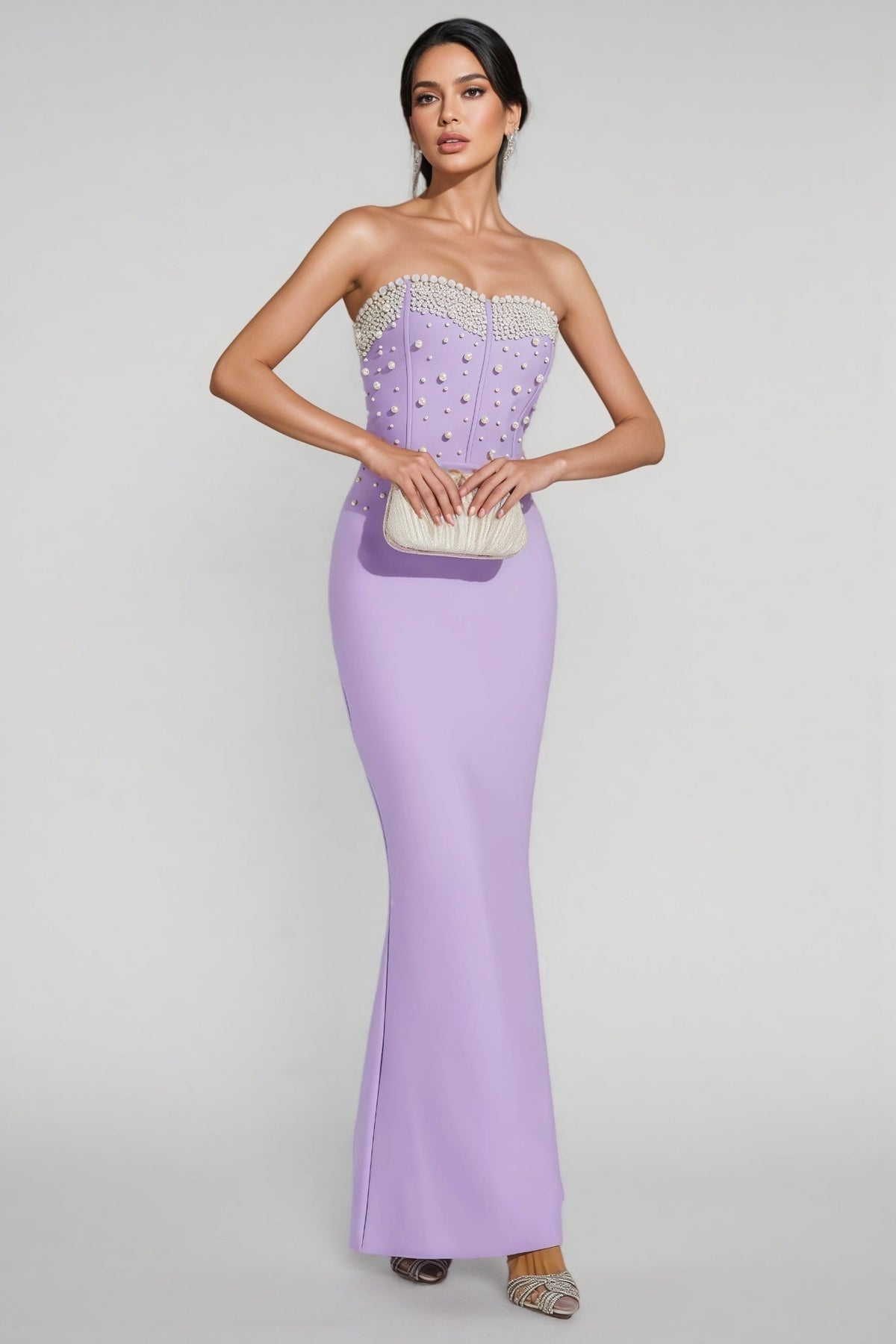 Pearl Beaded Strapless Sweetheart Corset Bandage Maxi Gown - View 5