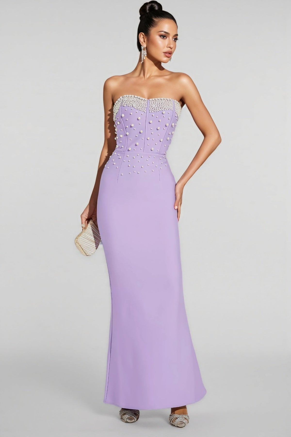 Pearl Beaded Strapless Sweetheart Corset Bandage Maxi Gown - View 4
