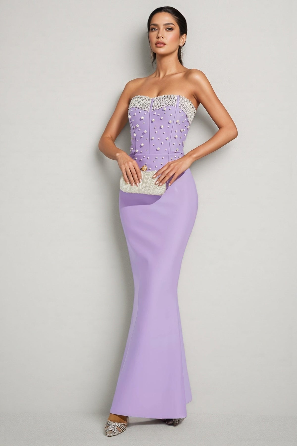 Pearl Beaded Strapless Sweetheart Corset Bandage Maxi Gown - View 2