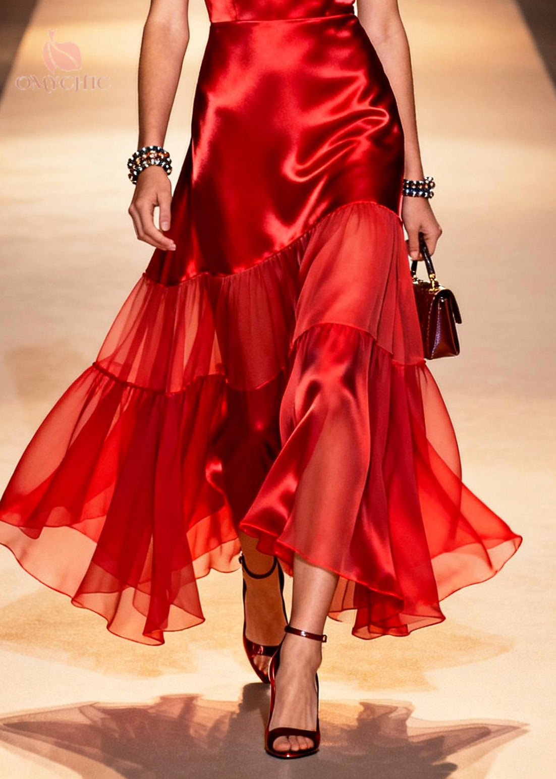 Satin Deep V-Neck Sleeveless Tiered Ruffle Chiffon Overlay Gown - View 4