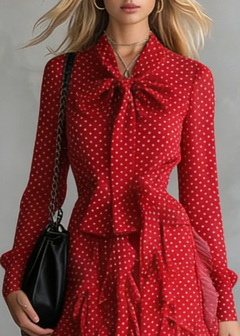 Polka Dot Chiffon Pussy Bow Long Sleeve Tiered Ruffle Midi Dress - View 2