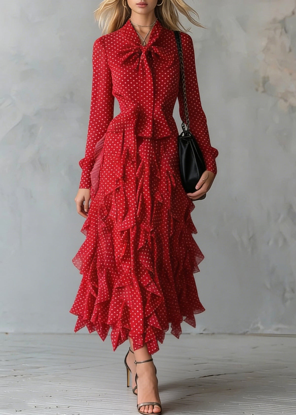 Polka Dot Chiffon Pussy Bow Long Sleeve Tiered Ruffle Midi Dress - View 3