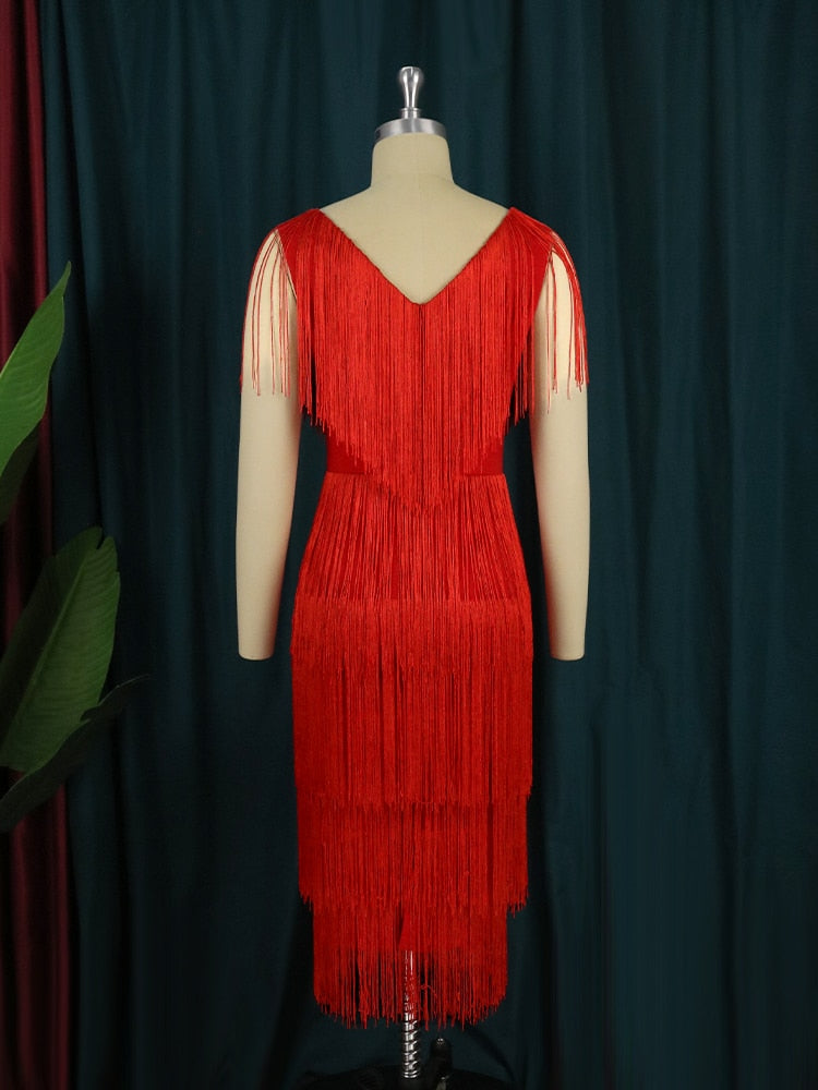 Scoop Neck Cap Sleeve Tiered Fringe High Split Midi Cocktail Dress - View 4