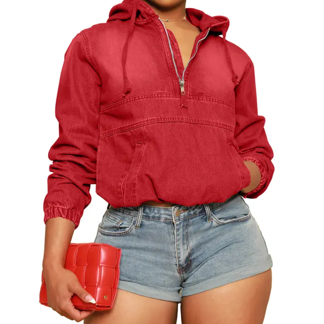 Hooded Quarter Zip Kangaroo Pocket Denim Pullover Jacket 3