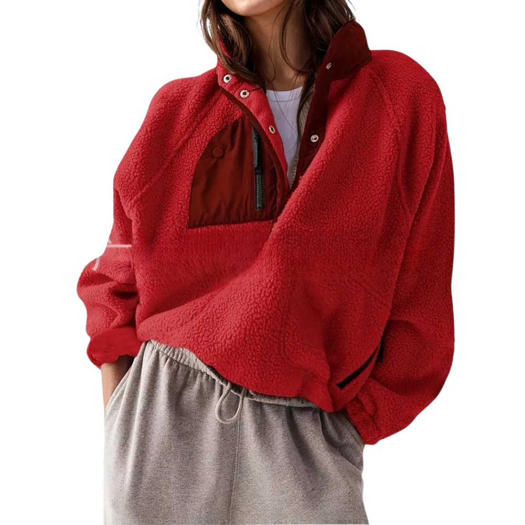 Stand Collar Snap Button Zip Pocket Oversized Sherpa Fleece Pullover 6