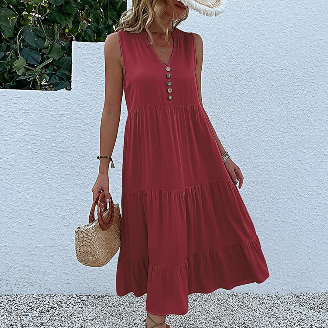 Sleeveless V-Neck Button Front Tiered Babydoll Midi Summer Dress - View 6