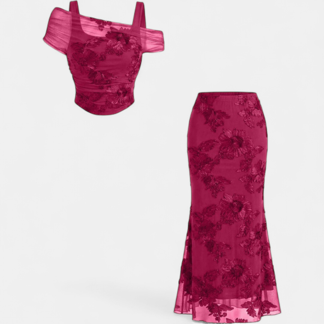 Floral Embroidered Mesh Corset Top and Mermaid Maxi Skirt Two Piece Set 2