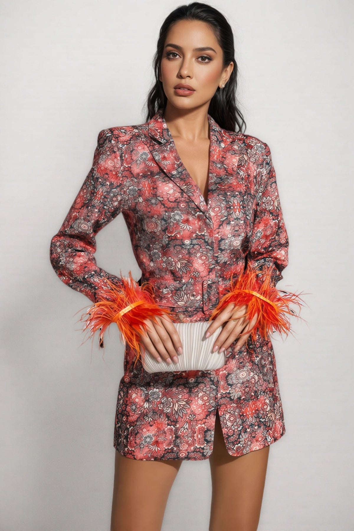 Floral Jacquard Feather Trim Belted Blazer Mini Dress - View 6