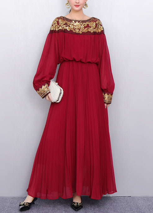 Sequin Embroidered Chiffon Long Sleeve Bishop Sleeve Pleated Maxi Gown - View 2