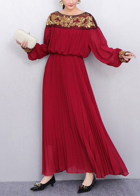 Sequin Embroidered Chiffon Long Sleeve Bishop Sleeve Pleated Maxi Gown - View 4