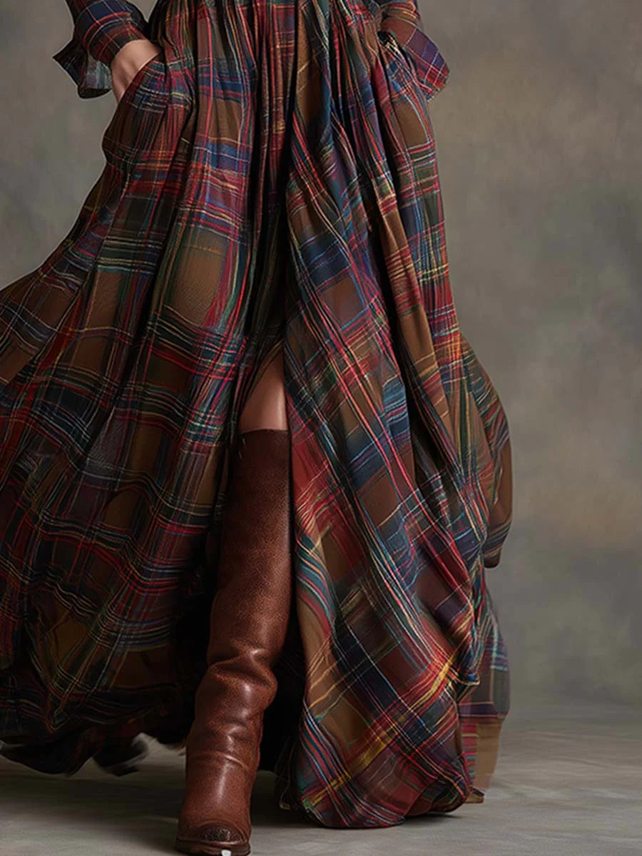 Plaid Collared Long Sleeve Button Front Belted Maxi Shirt Dress 5