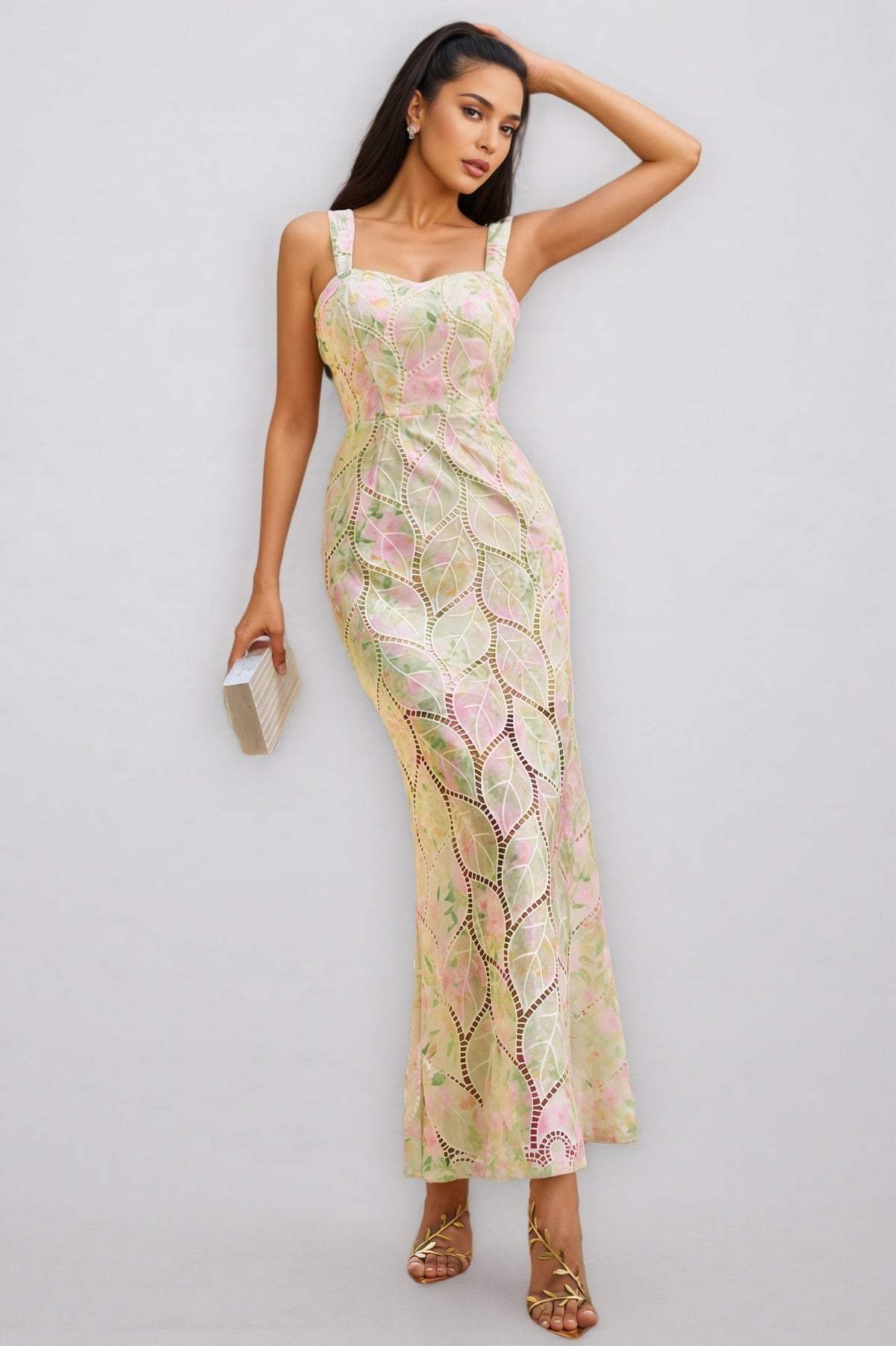 Floral Sequin Square Neck Sleeveless Mermaid Maxi Dress - View 2