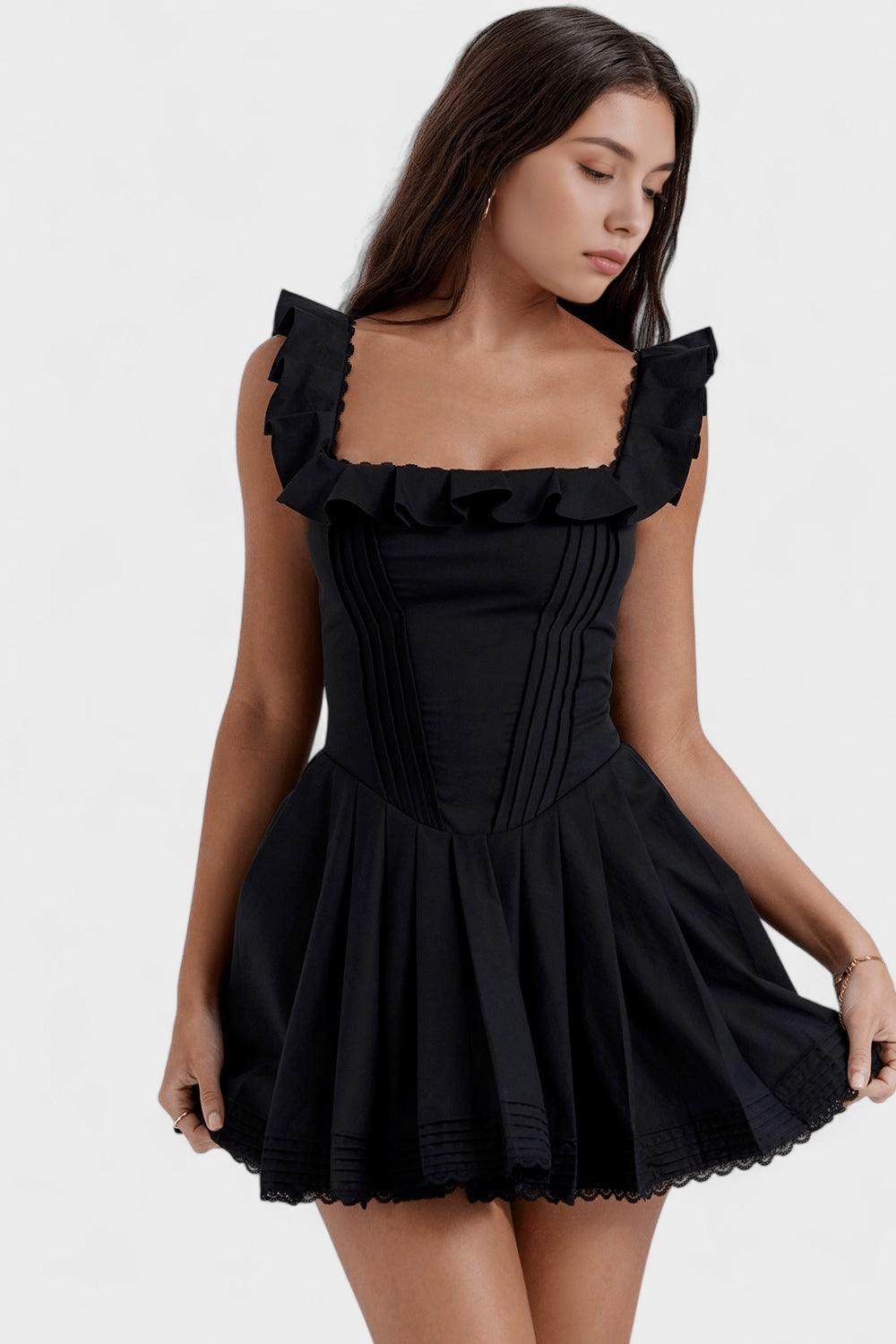 Square Neck Ruffle Strap Pintuck Flare Mini Dress 2