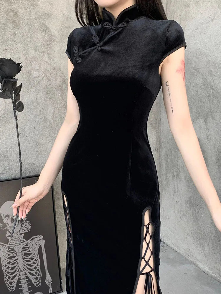 Velvet High Neck Cap Sleeve Lace Up High Split Bodycon Maxi Dress - View 6
