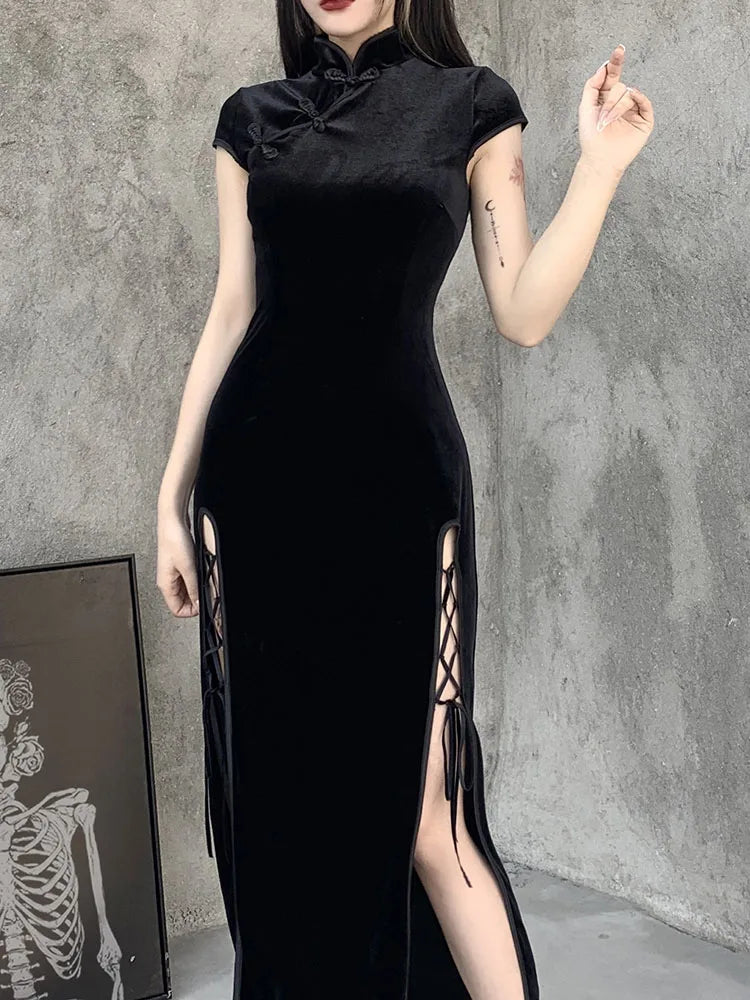 Velvet High Neck Cap Sleeve Lace Up High Split Bodycon Maxi Dress