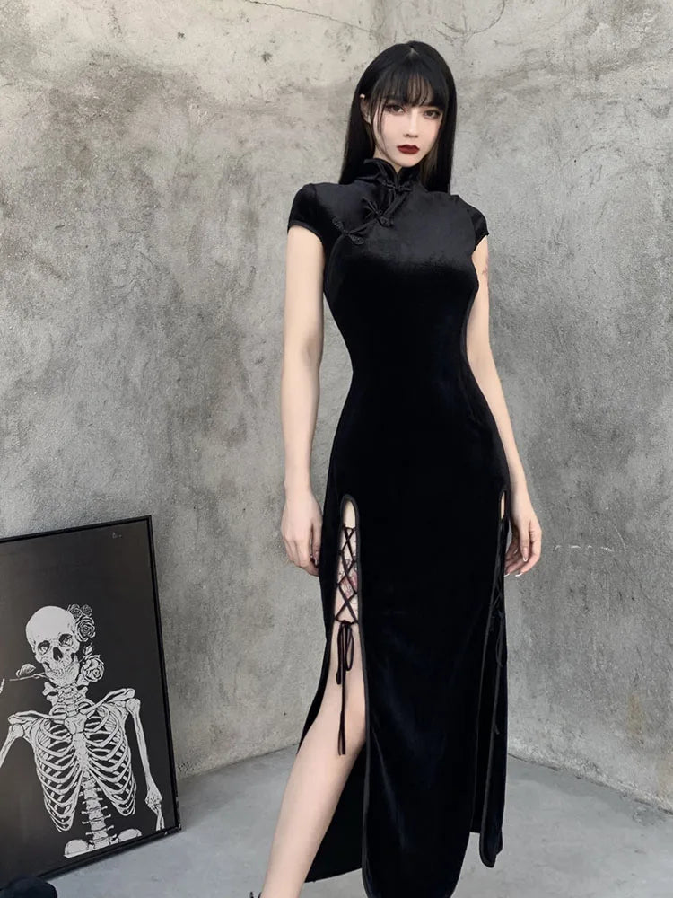 Velvet High Neck Frog Button Cap Sleeve Bodycon Maxi Dress - View 3