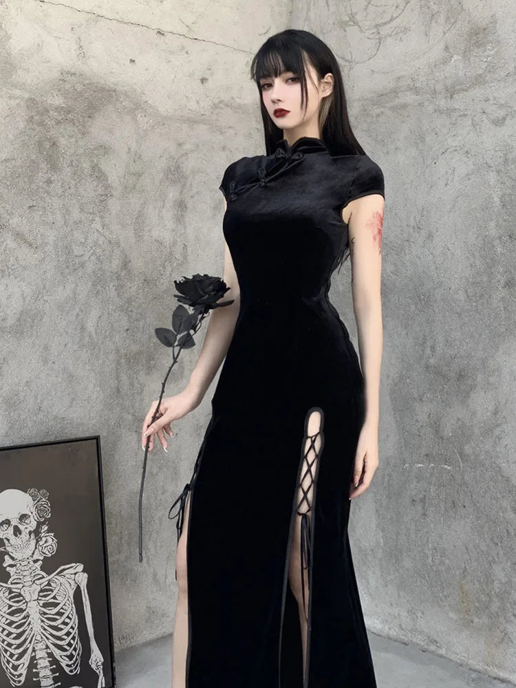 Velvet High Neck Frog Button Cap Sleeve Lace Up High Split Bodycon Maxi Dress - View 2