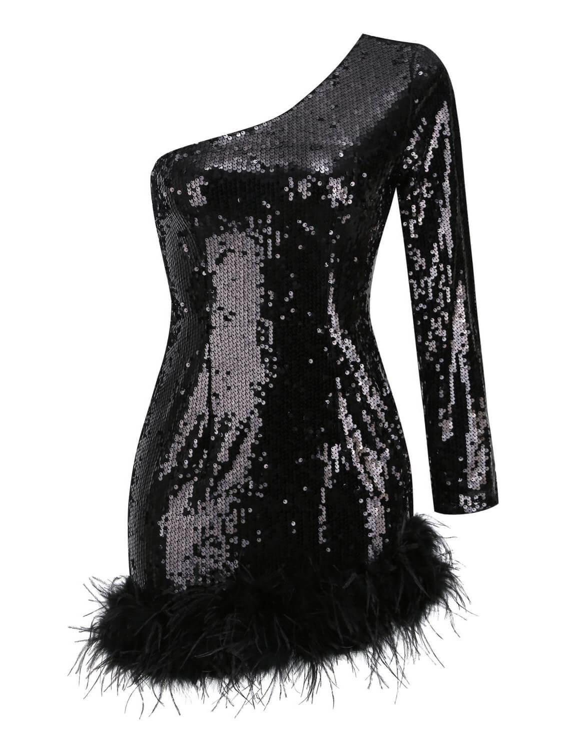 Sequin One Shoulder Long Sleeve Feather Trim Mini Dress - View 6