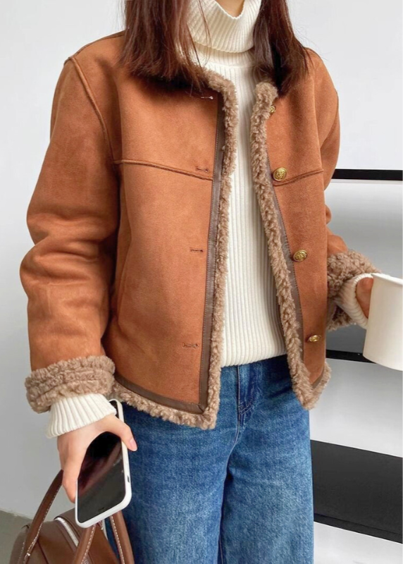Faux Suede Shearling Lined Button Front Jacket 5