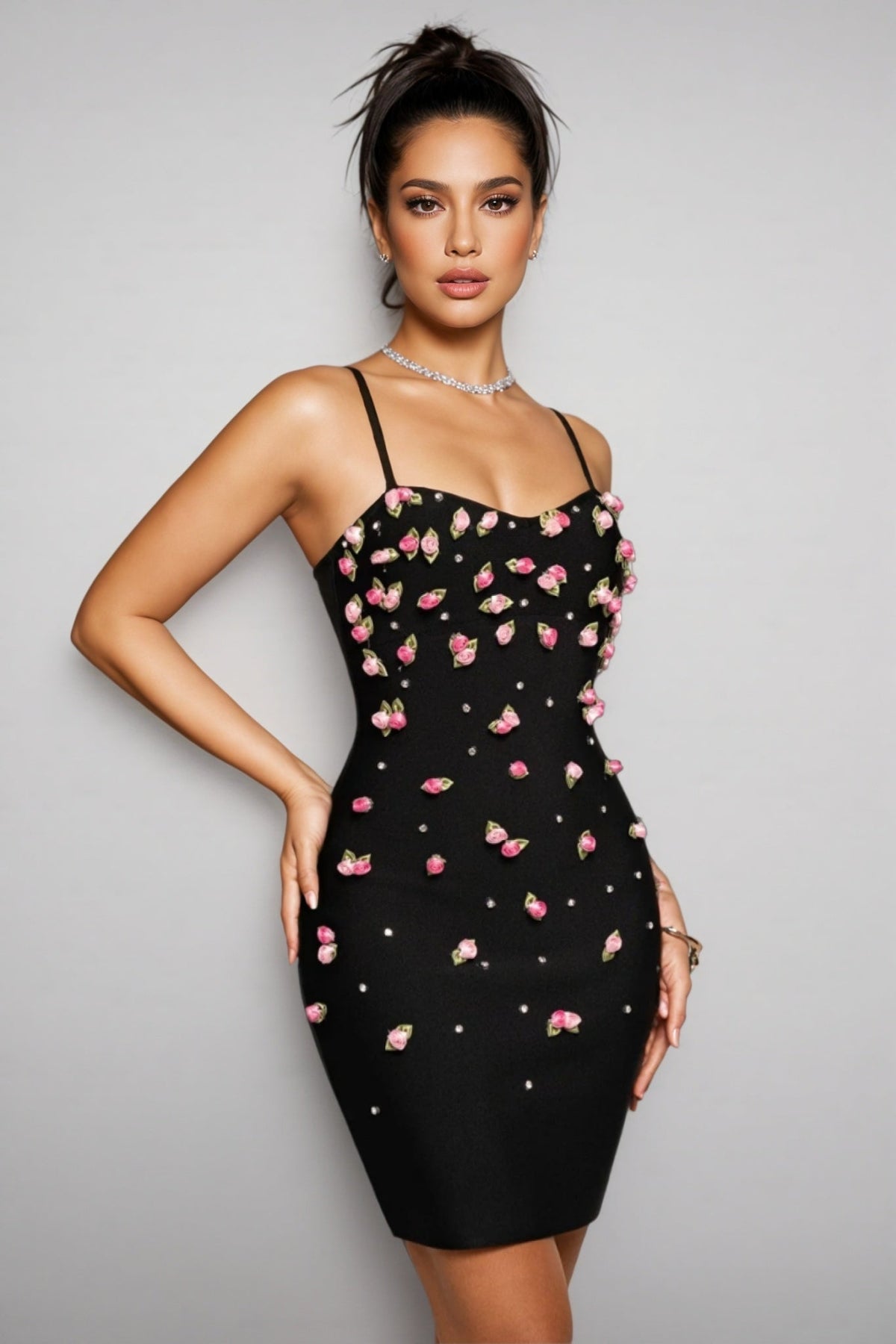 Sweetheart Spaghetti Strap 3D Rosebud Rhinestone Bandage Mini Dress - View 3
