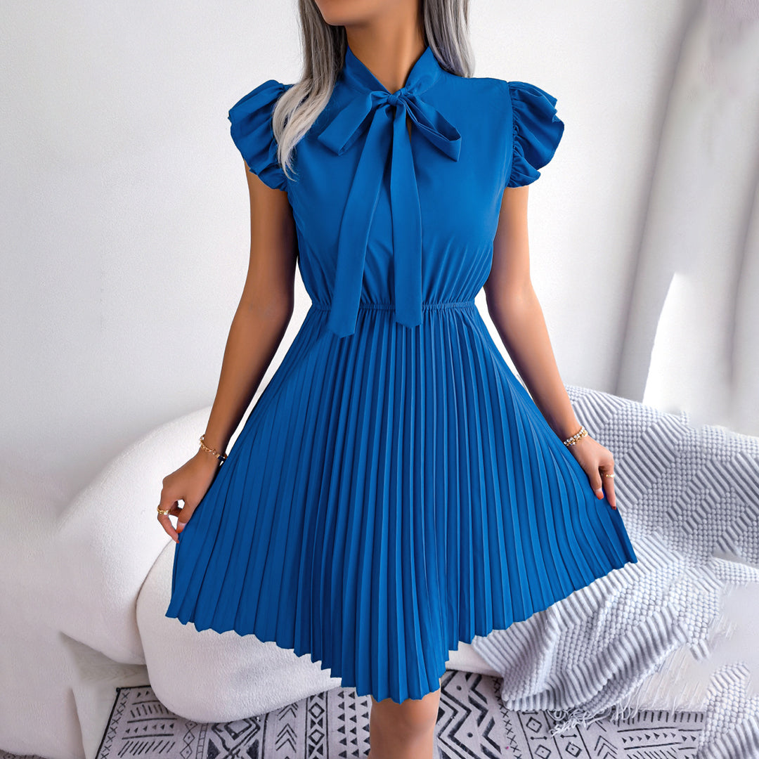 Tie Neck Ruffle Sleeve Accordion Pleated Mini Dress - View 4