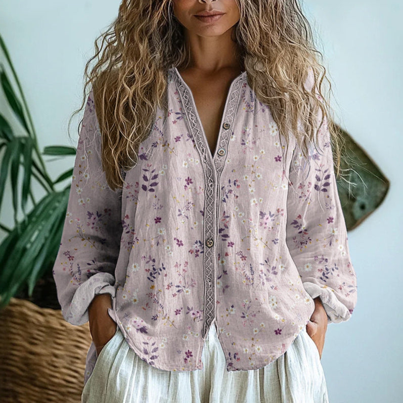 V-Neck Long Sleeve Floral Print Button Front Blouse 3