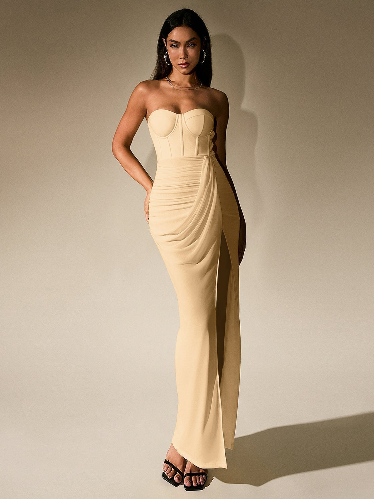 Ruched Corset Split Hem Mesh Tube Dress - View 18