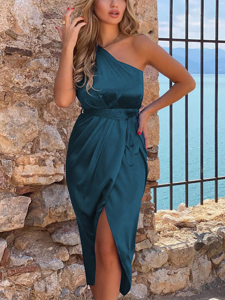 Satin One Shoulder Ruched Wrap Belted Midi Dress - View 5