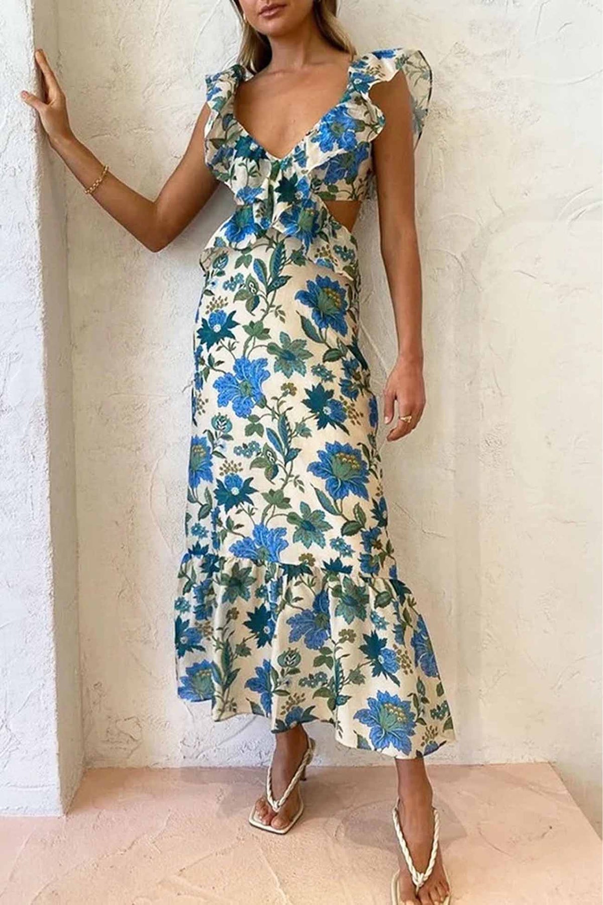 Floral Print Ruffle Cut Out Waist Fishtail Maxi Dress - View 4