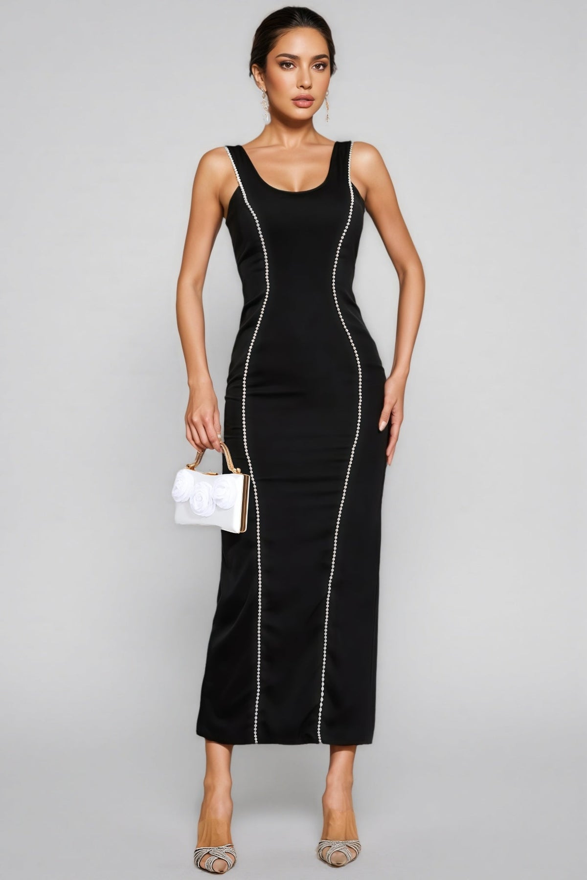 Pearl Trim Scoop Neck Sleeveless Bodycon Column Maxi Gown - View 2