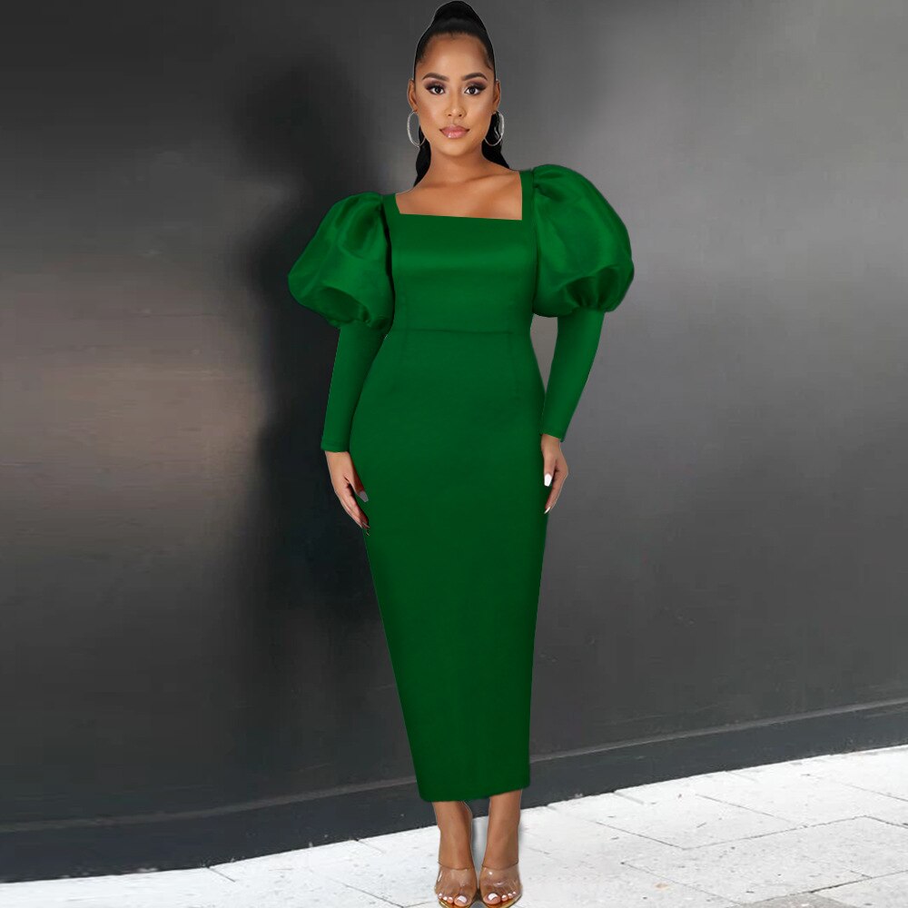 Satin Square Neck Puff Sleeve Bodycon Maxi Dress - View 9