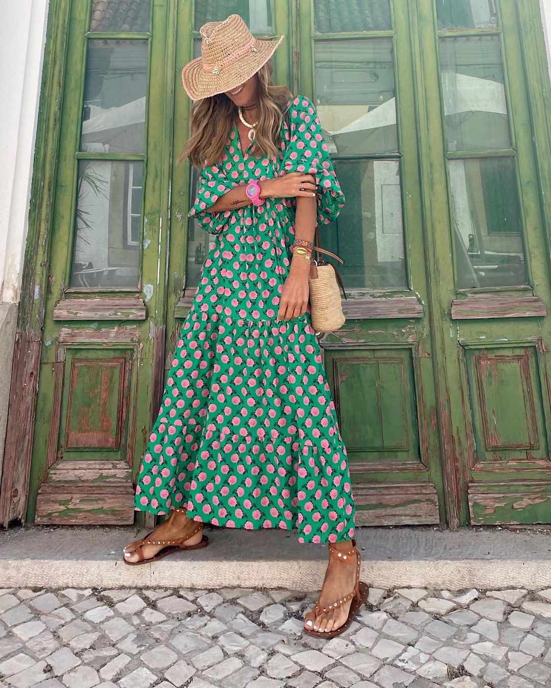 Geometric Print V-Neck Puff Sleeve Tiered High Low Maxi Dress 4